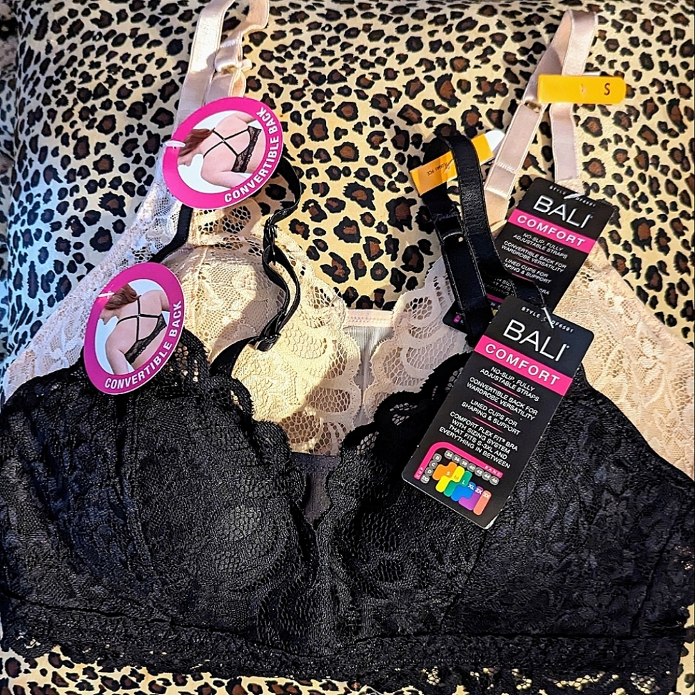 2 Lace BALI Comfort Flex Bras Convertible Back 1 Black & 1 Cream Size S BNWT's